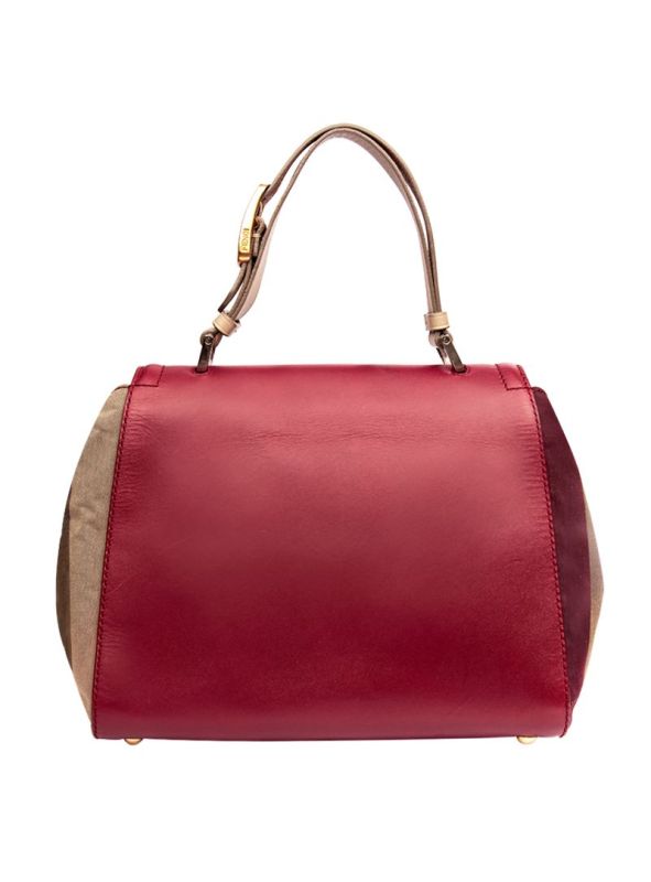 FENDI BURGUNDY/TOBACCO LEATHER PEQUIN CANVAS SILVANA TOP HANDLE BAG