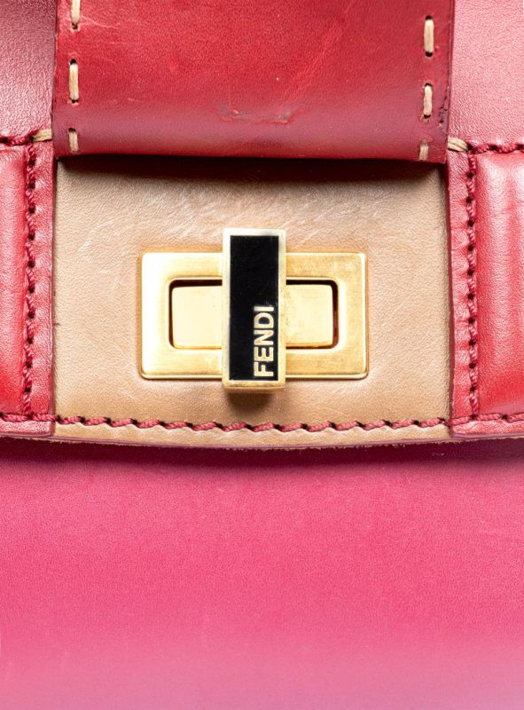 FENDI BURGUNDY/TOBACCO LEATHER PEQUIN CANVAS SILVANA TOP HANDLE BAG