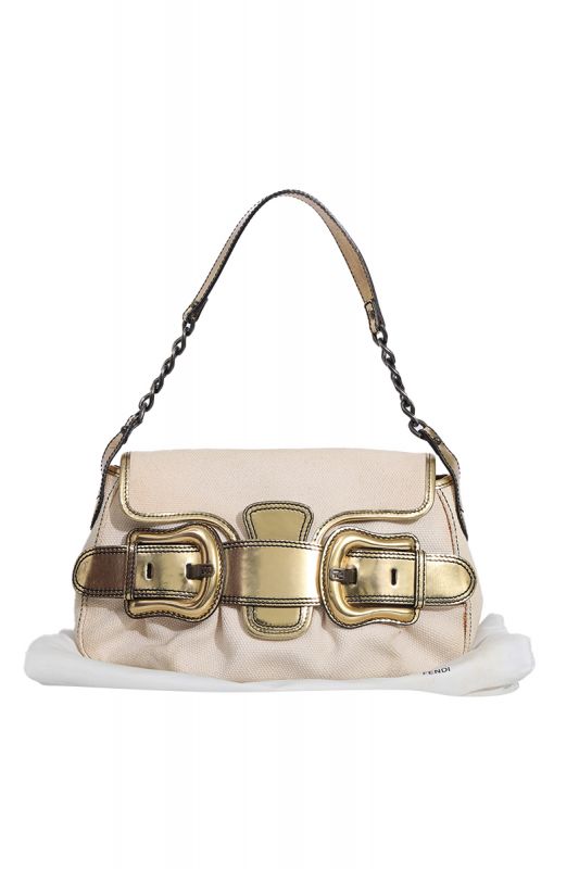 FENDI CANVAS AND MIRRORED LEATHER BUCKLE SHOULDER BAG