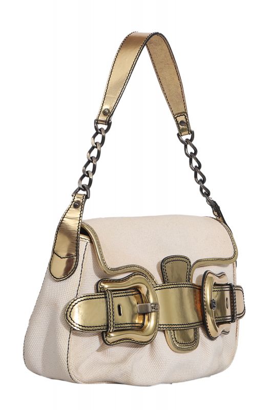 FENDI CANVAS AND MIRRORED LEATHER BUCKLE SHOULDER BAG