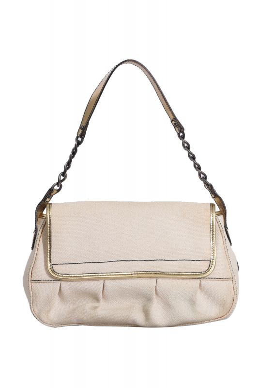 FENDI CANVAS AND MIRRORED LEATHER BUCKLE SHOULDER BAG