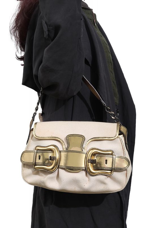 FENDI CANVAS AND MIRRORED LEATHER BUCKLE SHOULDER BAG