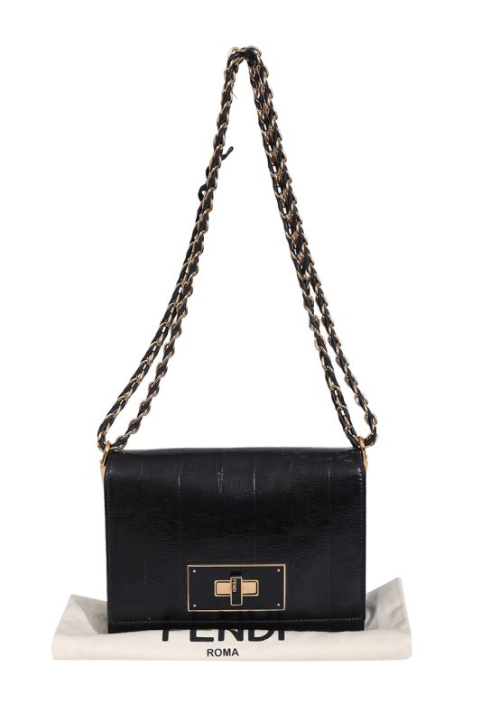 FENDI CLAUDIA PEQUIN EMBOSSED VERNICE LEATHER SHOULDER BAG