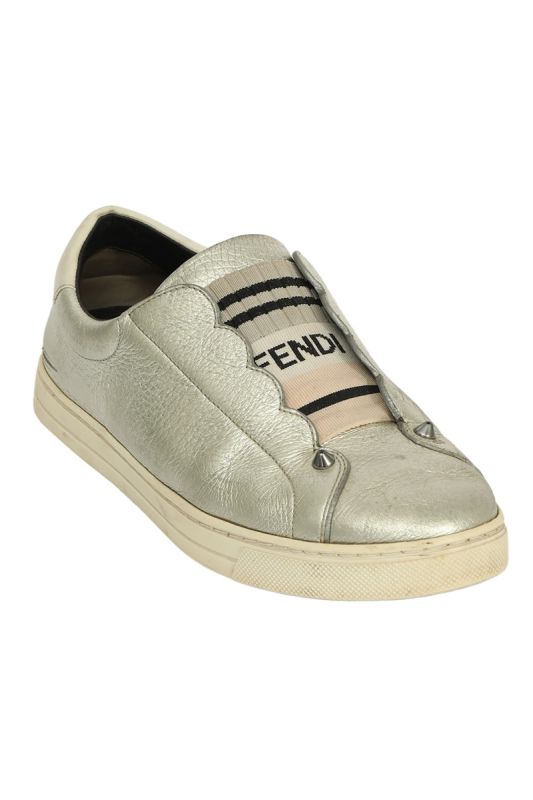 Fendi EU 37 Silver Leather Rockoclick Slip on Sneaker 