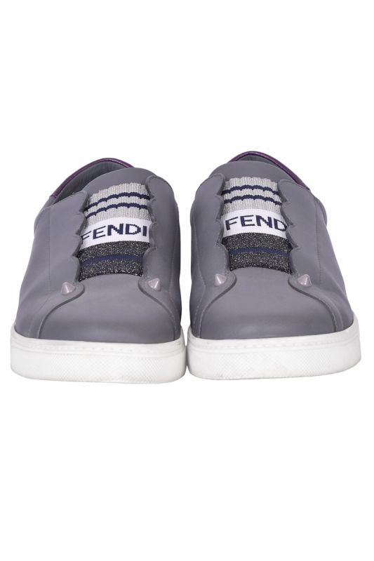 Fendi Grey Leather Rockoko Slip On Sneakers