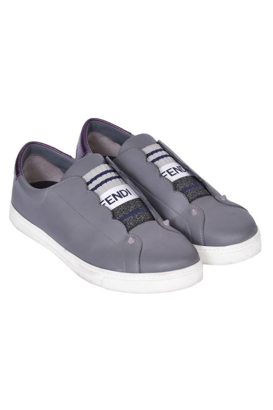 Fendi Grey Leather Rockoko Slip On Sneakers