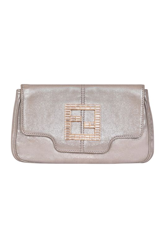 Fendi Metallic Crystal Logo Fabric Flap Clutch