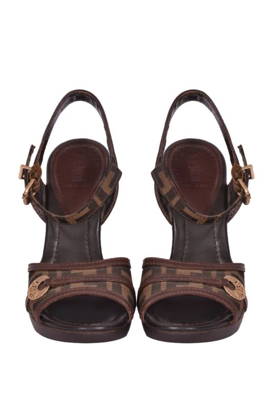Fendi Tobacco Zucca Canvas Peep Toe Slingback Sandals