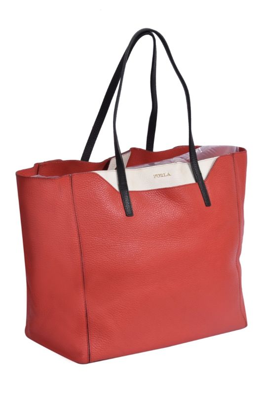 Furla Coral Orange /White Soft Leather Snap Handbag