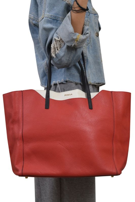 Furla Coral Orange /White Soft Leather Snap Handbag