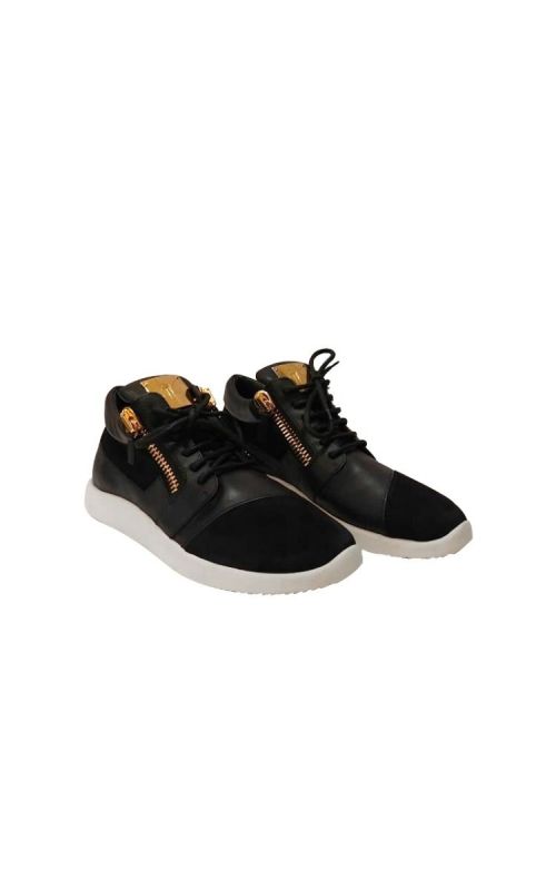 GIUSEPPE ZANOTTI BLACK SUEDE & LEATHER DOUBLE CHAIN LOW TOP SNEAKERS