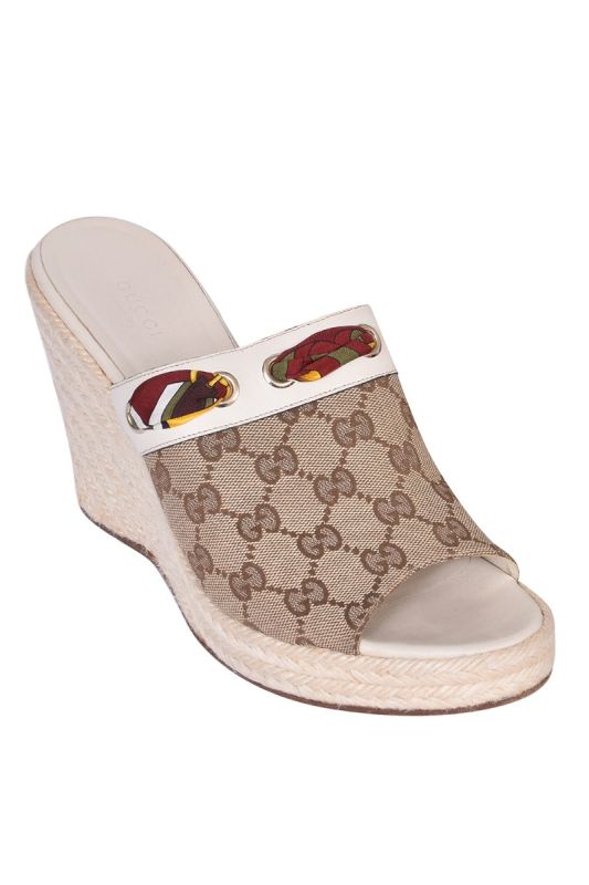 Gucci Beige GG Canvas Espadrille Wedge Peep Toe Slides