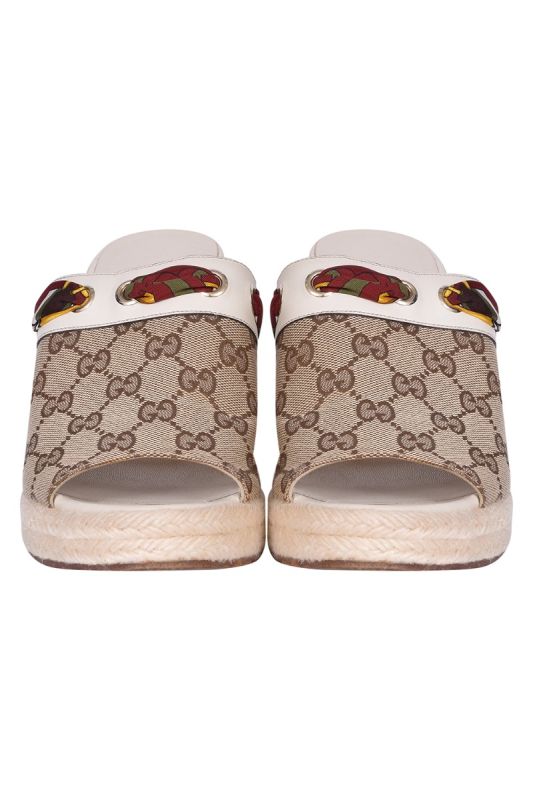 Gucci Beige GG Canvas Espadrille Wedge Peep Toe Slides