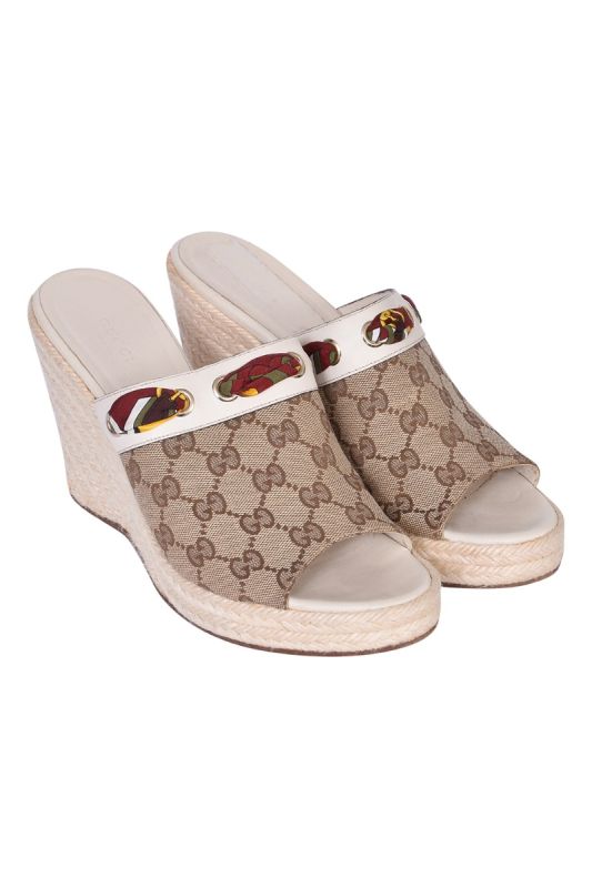 Gucci Beige GG Canvas Espadrille Wedge Peep Toe Slides