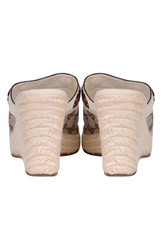 Gucci Beige GG Canvas Espadrille Wedge Peep Toe Slides