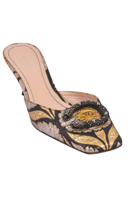 Gucci Black Floral Jacquard Fabric Dionysus Square Toe Slip on Mules