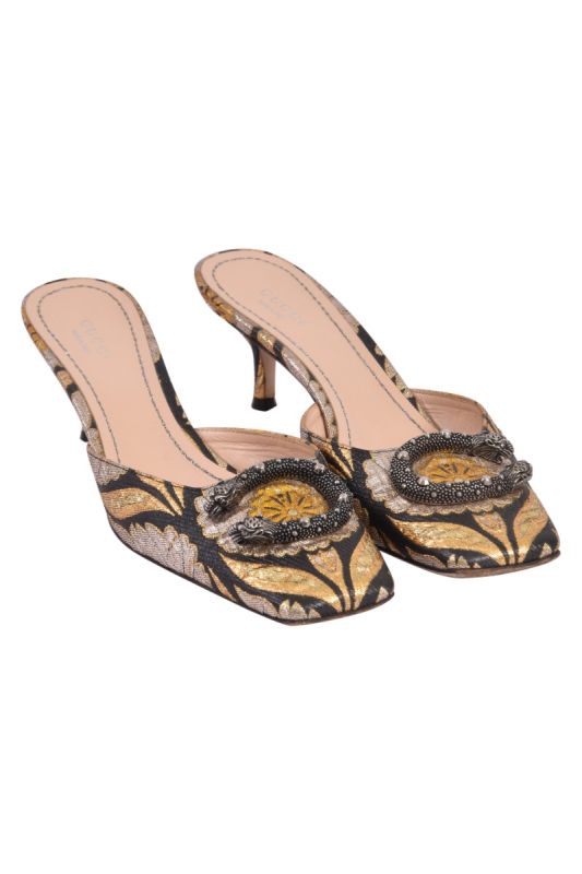 Gucci Black Floral Jacquard Fabric Dionysus Square Toe Slip on Mules