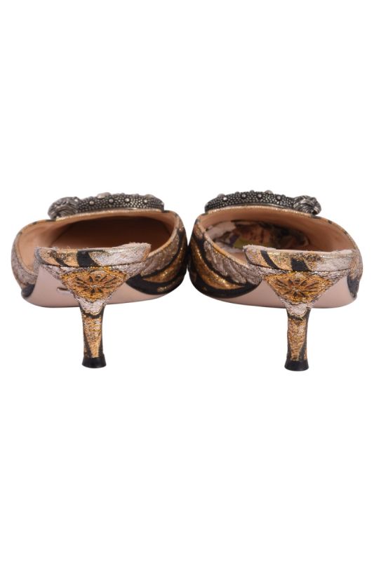 Gucci Black Floral Jacquard Fabric Dionysus Square Toe Slip on Mules