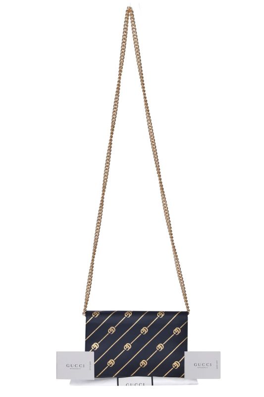 Gucci Black & Gold Calfskin Diagonal GG Mini Chain Wallet