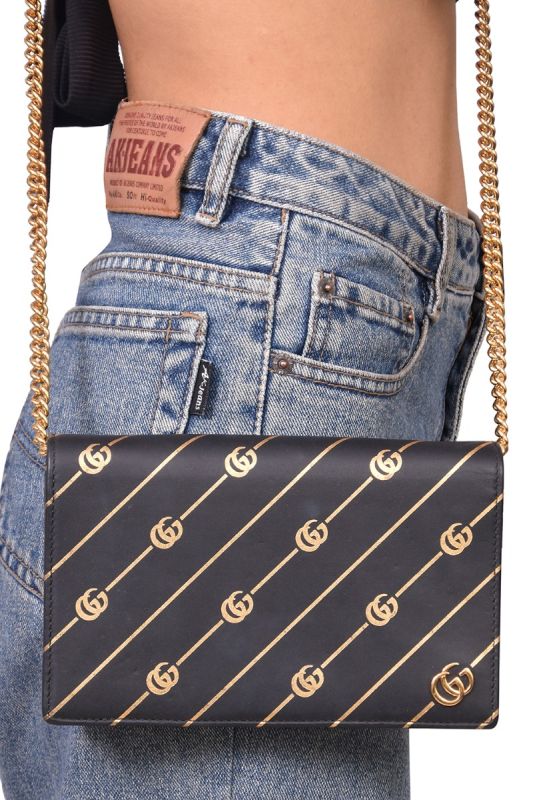 Gucci Black & Gold Calfskin Diagonal GG Mini Chain Wallet