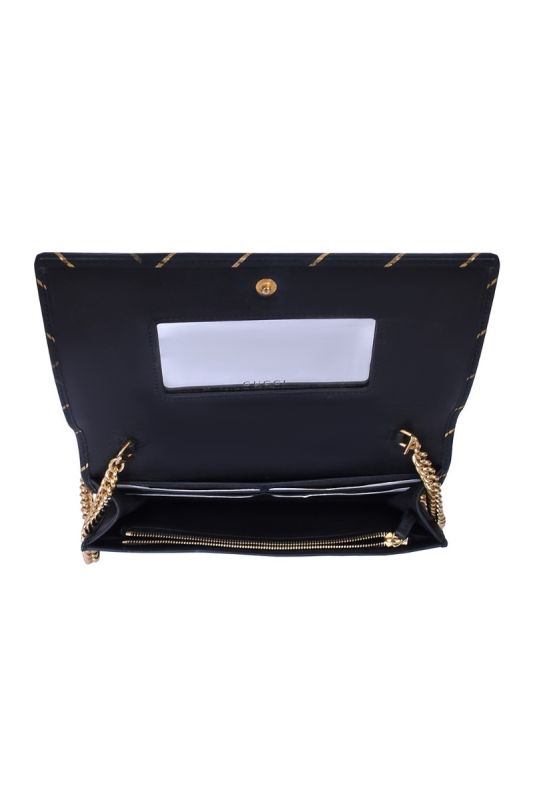 Gucci Black & Gold Calfskin Diagonal GG Mini Chain Wallet