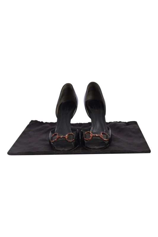 Gucci Black Horsebit Patent Leather Sandals