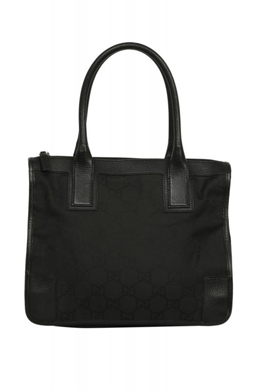 Gucci Black Leather and Canvas Monogram Tote Bag