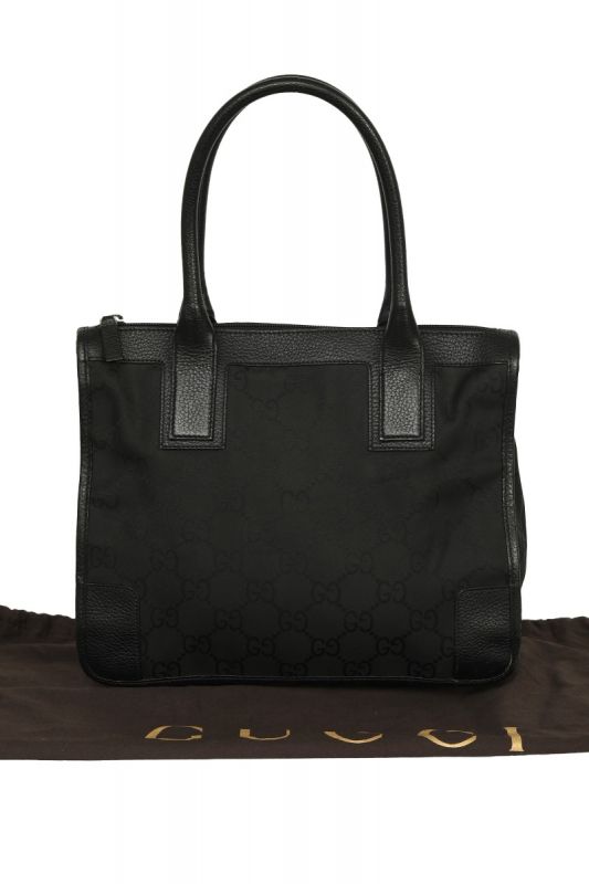Gucci Black Leather and Canvas Monogram Tote Bag