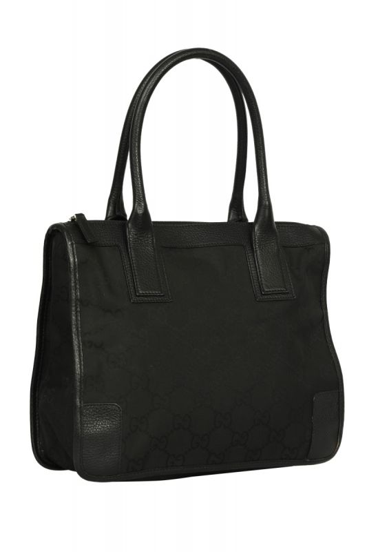 Gucci Black Leather and Canvas Monogram Tote Bag