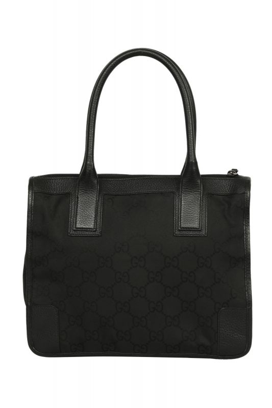Gucci Black Leather and Canvas Monogram Tote Bag