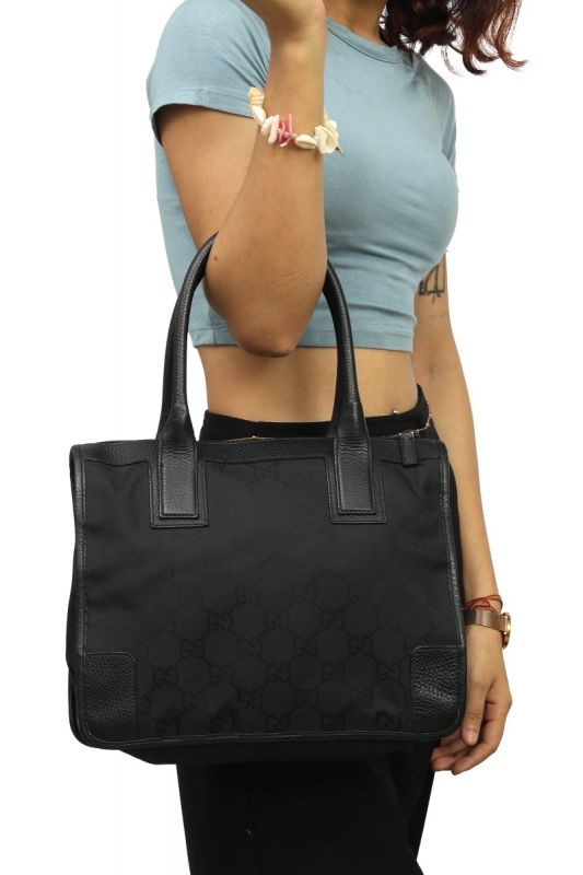 Gucci Black Leather and Canvas Monogram Tote Bag
