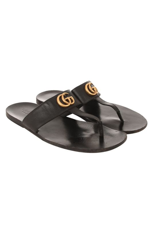 GUCCI BLACK LEATHER LOGO GG CALF NERO SLIPPERS