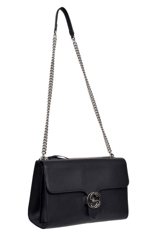 Gucci Black Leather Medium Interlocking GG Shoulder Bag