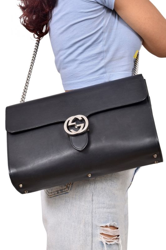 Gucci Black Leather Medium Interlocking GG Shoulder Bag