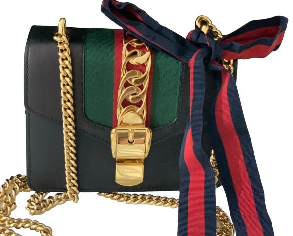 GUCCI BLACK LEATHER MINI SYLVIE CHAIN SHOULDER BAG