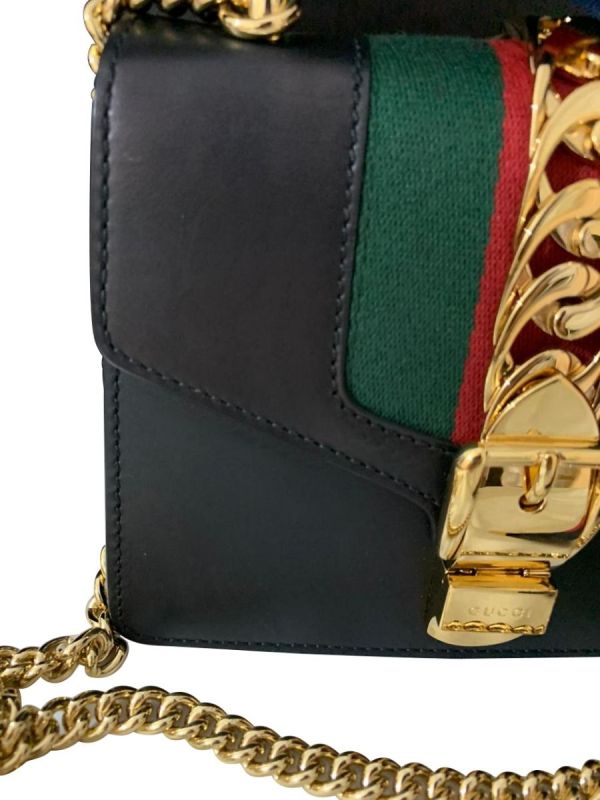 GUCCI BLACK LEATHER MINI SYLVIE CHAIN SHOULDER BAG