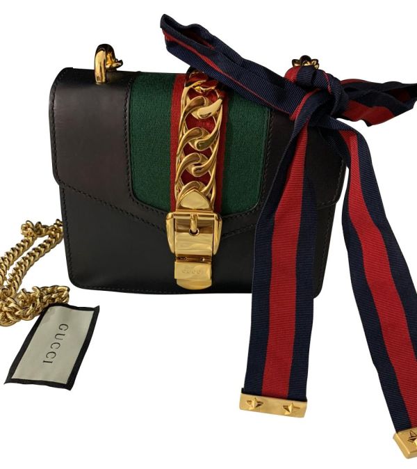 GUCCI BLACK LEATHER MINI SYLVIE CHAIN SHOULDER BAG