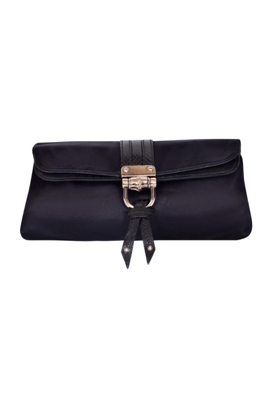 Gucci Black Satin & Snakeskin Bamboo Croisette Clutch