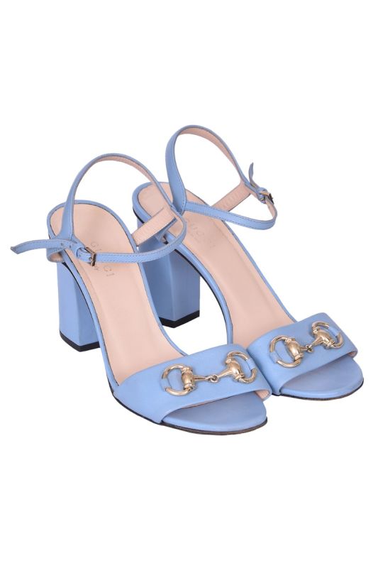Gucci Blue Leather Horsebit Block Heels