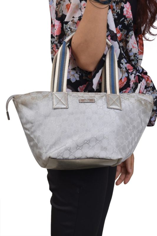 Gucci GG Sherry Line Monogram Silver Canvas Bag