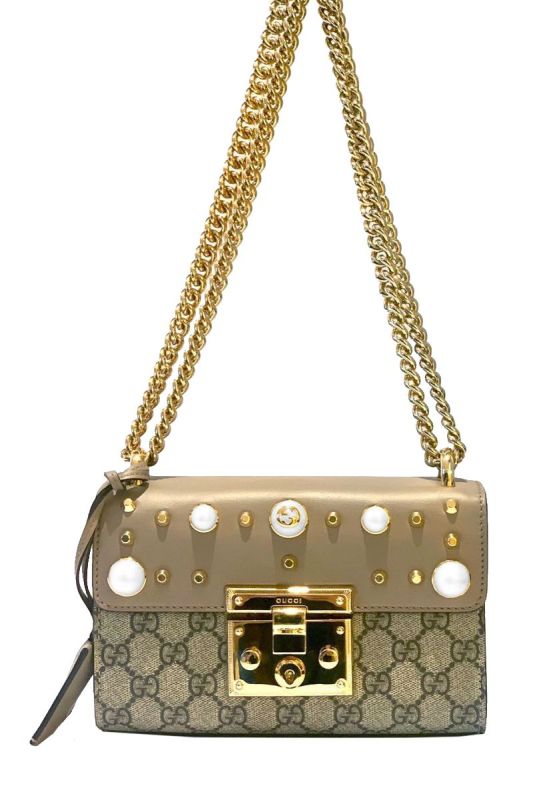 GUCCI NUDE LEATHER GG SUPREME CANVAS PADLOCK STUDDED SHOULDER BAG
