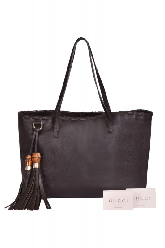 Gucci Pebbled Calfskin Bamboo Tassel Tote Bag