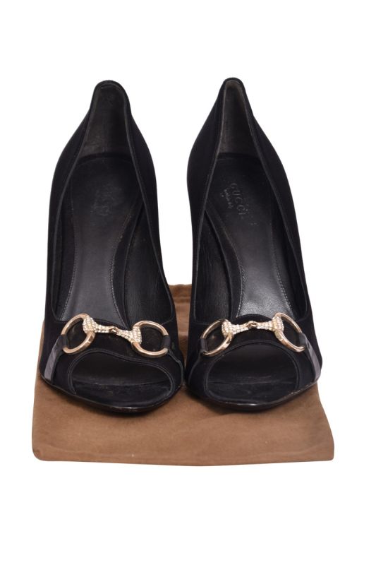 Gucci Satin Crystal HorsebitPeeptoe Pumps
