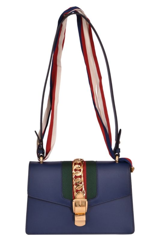 Gucci Sylvie Bow Web Navy Leather Handbag