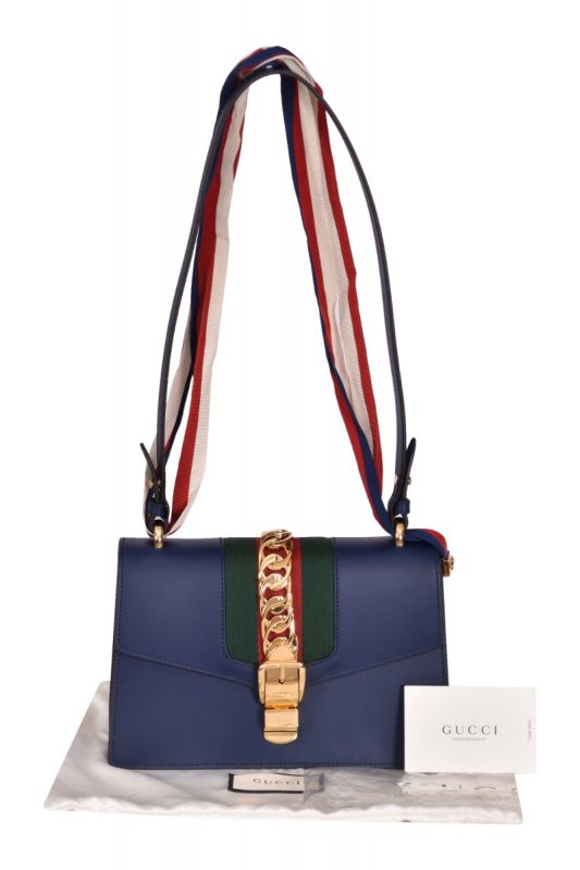 Gucci Sylvie Bow Web Navy Leather Handbag
