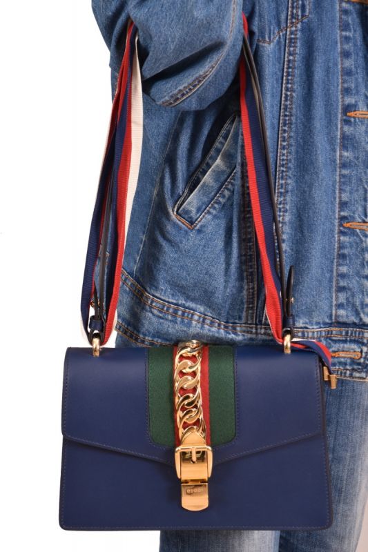 Gucci Sylvie Bow Web Navy Leather Handbag