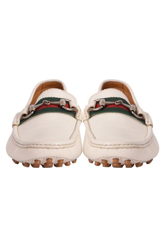 Gucci Web Stripe Horsebit White Loafers