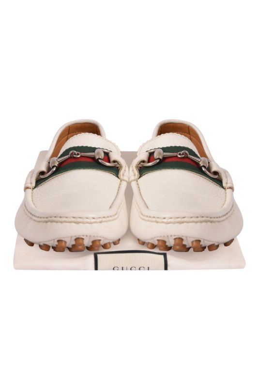 Gucci Web Stripe Horsebit White Loafers