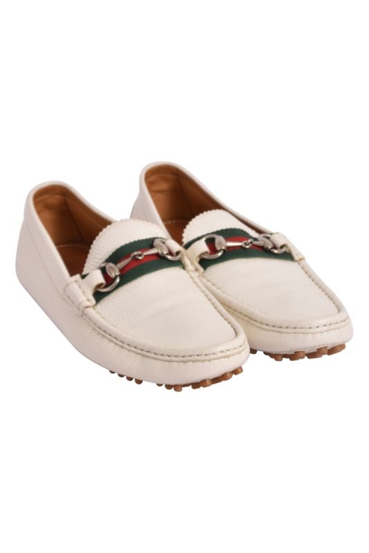 Gucci Web Stripe Horsebit White Loafers