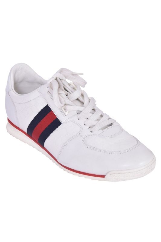 Gucci White Microguccissima Leather Web Sneakers